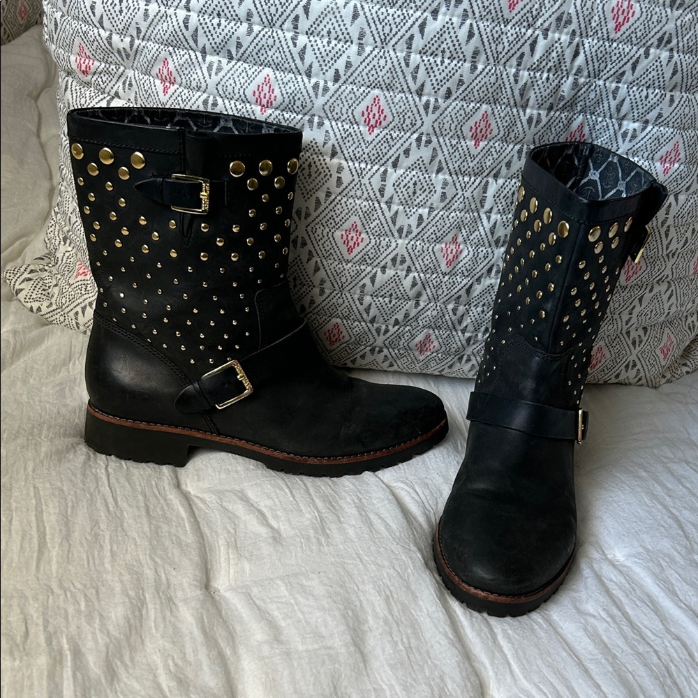 Sperry Black Ankle Boots with Gold Studs